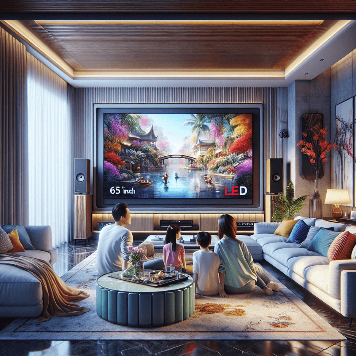A hyperrealistic modern living room featuring a 65-inch flat screen LED TV as the focal point, surrounded by chic décor including a cozy couch, sound system, and decorative plants. An East Asian family consisting of a father, mother, and two children of different genders is seated on the couch, fully engaged in watching a movie. The atmosphere radiates warmth and hospitality, with vivid colors and intricate details enhancing the scene.