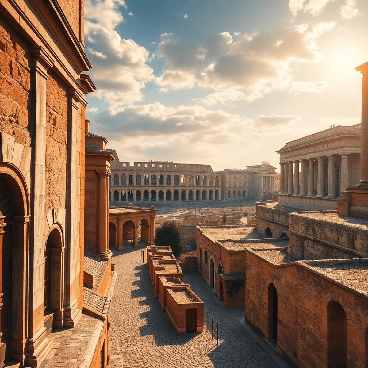 A scenic view of ancient Roman ruins, including the Colosseum, bathed in warm sunlight with cobblestone streets and historic buildings, evoking exploration and wonder.
