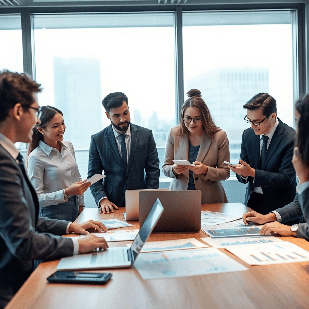 A diverse group of professionals in a modern office, collaborating over laptops and financial documents, analyzing charts and graphs, symbolizing teamwork and innovation.