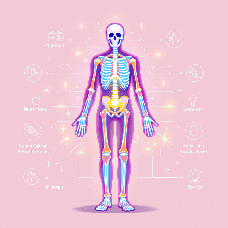 Illustration of a human skeleton with glowing calcium symbols, surrounded by icons of nutrition, exercise, and lifestyle on a clean medical background.