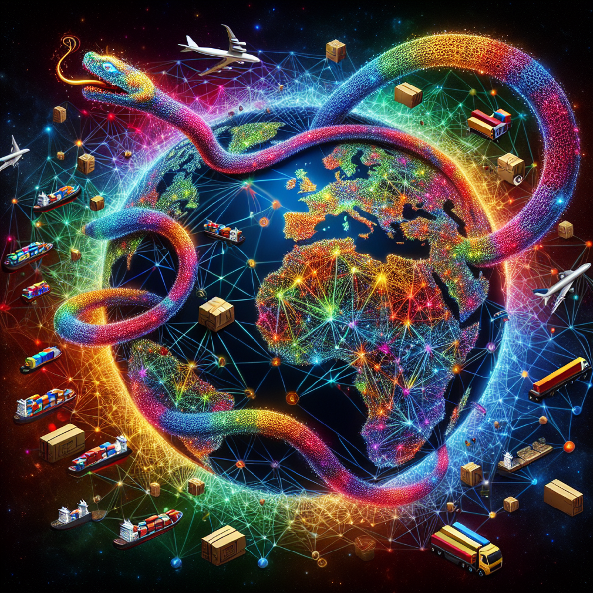 A globe with multicolored supply chain routes crisscrossing it, a python snake weaving through the routes, and scattered logistics objects.