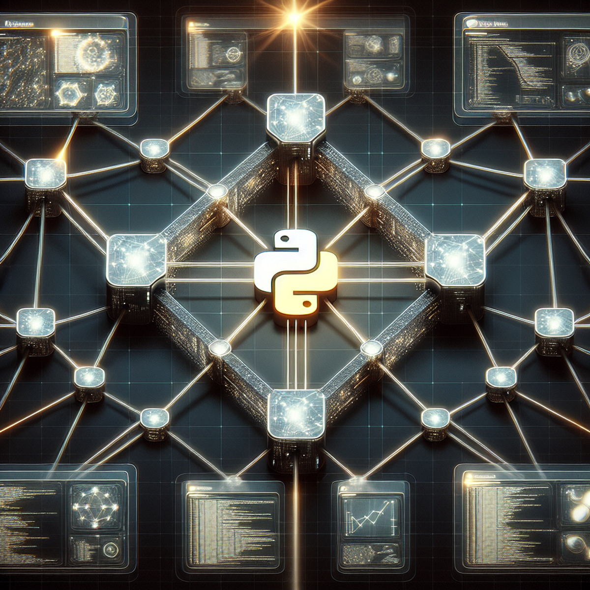 A futuristic network with interconnected nodes symbolizing a supply chain.