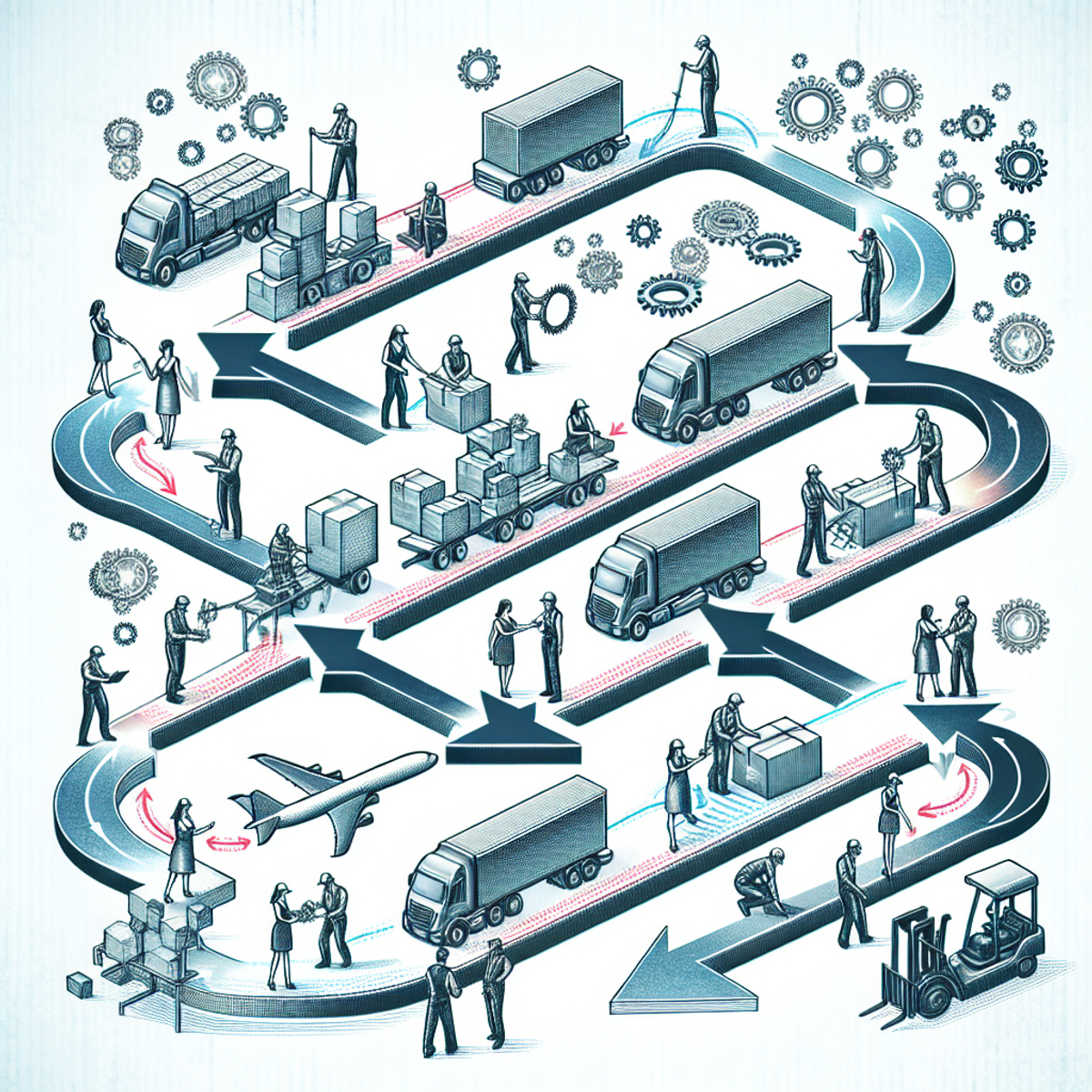 A diverse group of people working in various stages of the supply chain process, with interconnected arrows symbolizing the flow of products, parts, and materials.