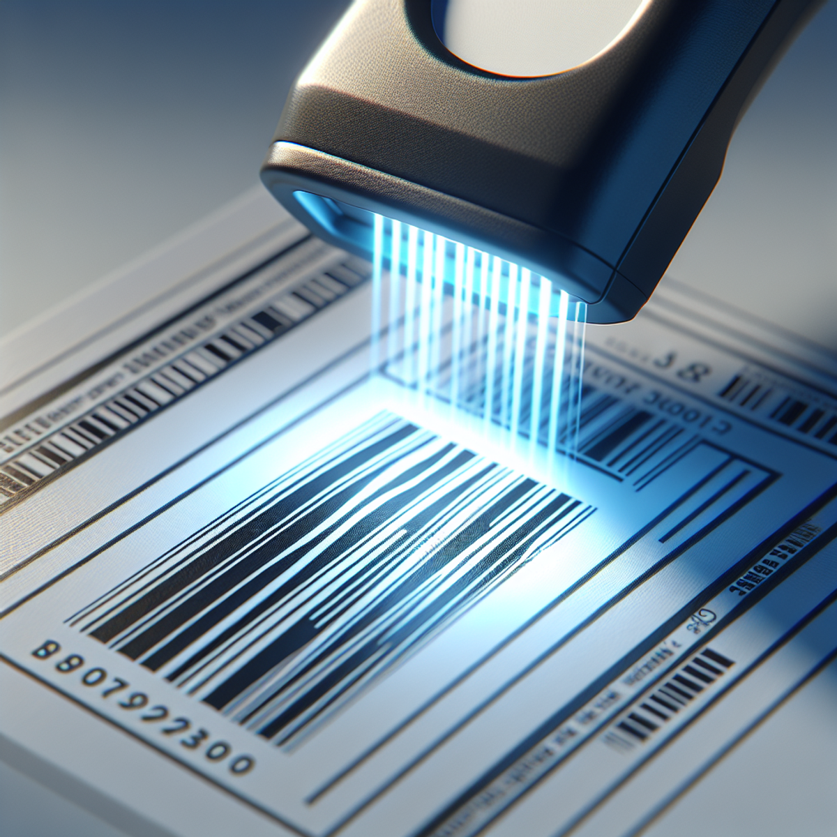 A barcode scanner in the process of scanning a product label with a light beam.