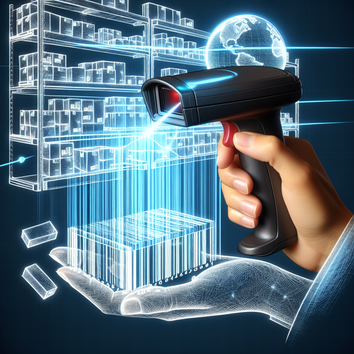 A close-up perspective of a barcode scanner with laser beams actively scanning a product, and a map or globe on the scanner's screen symbolizing global reach and tracking capacity.