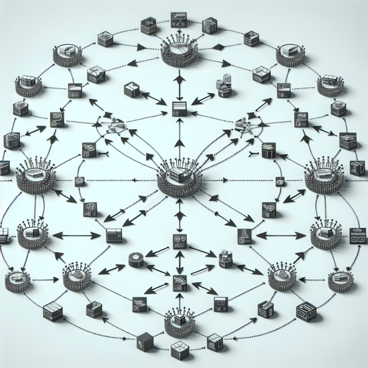 A complex network of interconnected nodes representing a supply chain, with arrows flowing between them to symbolize the movement of goods and information.