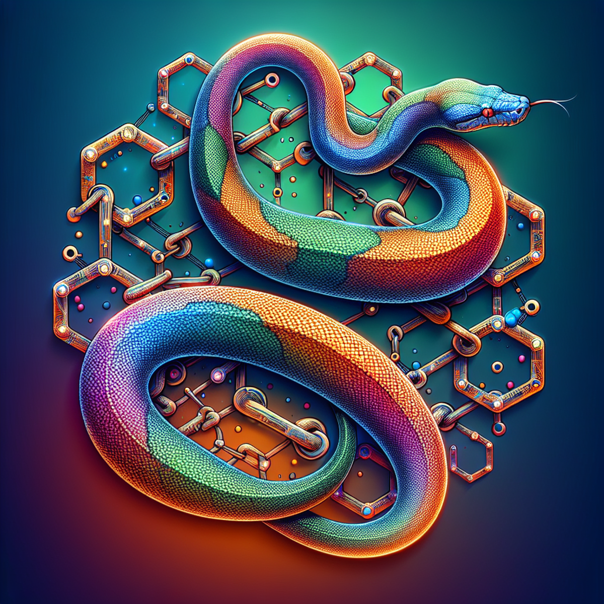 A large, coiled Python snake gracefully wrapped around an intricately designed network of interconnected links, symbolizing a supply chain.