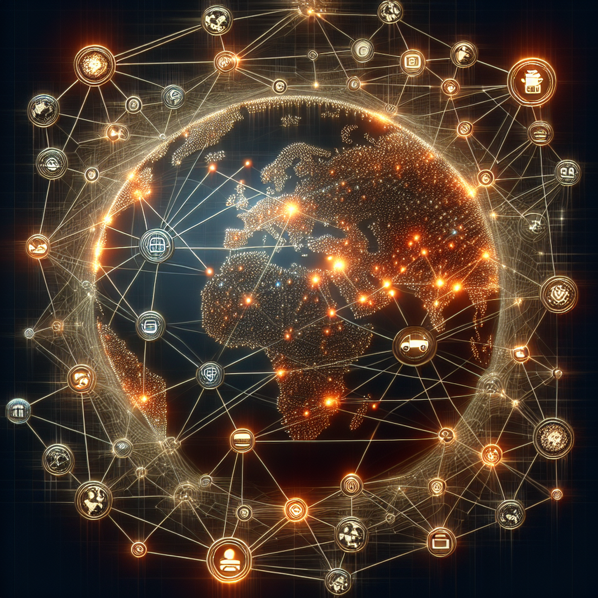 A complex network of interconnected nodes with glowing trails indicating data flow between them.