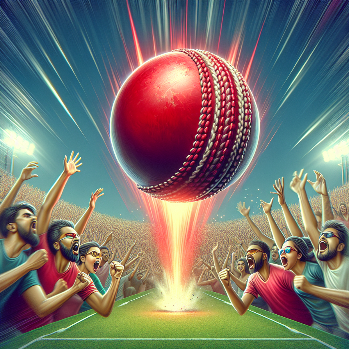 Excited cricket fans cheering as a red ball soars through the air during a game.