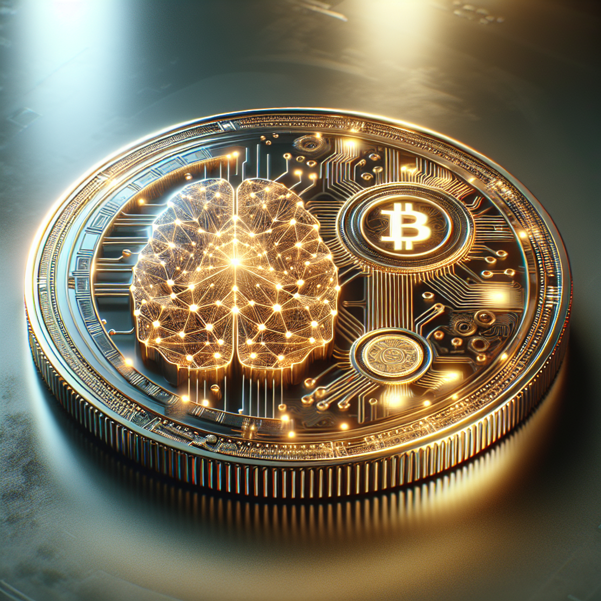 A sophisticated, futuristic gold coin adorned with symbols representing the fusion of artificial intelligence and cryptocurrencies. One side features a stylized, abstract neural network glowing with energy, while the other side showcases an iconic coin interwoven with circuitry patterns. The coin sits on a sleek, glassy surface under soft, ambient lighting, emphasizing its luminous and futuristic features.