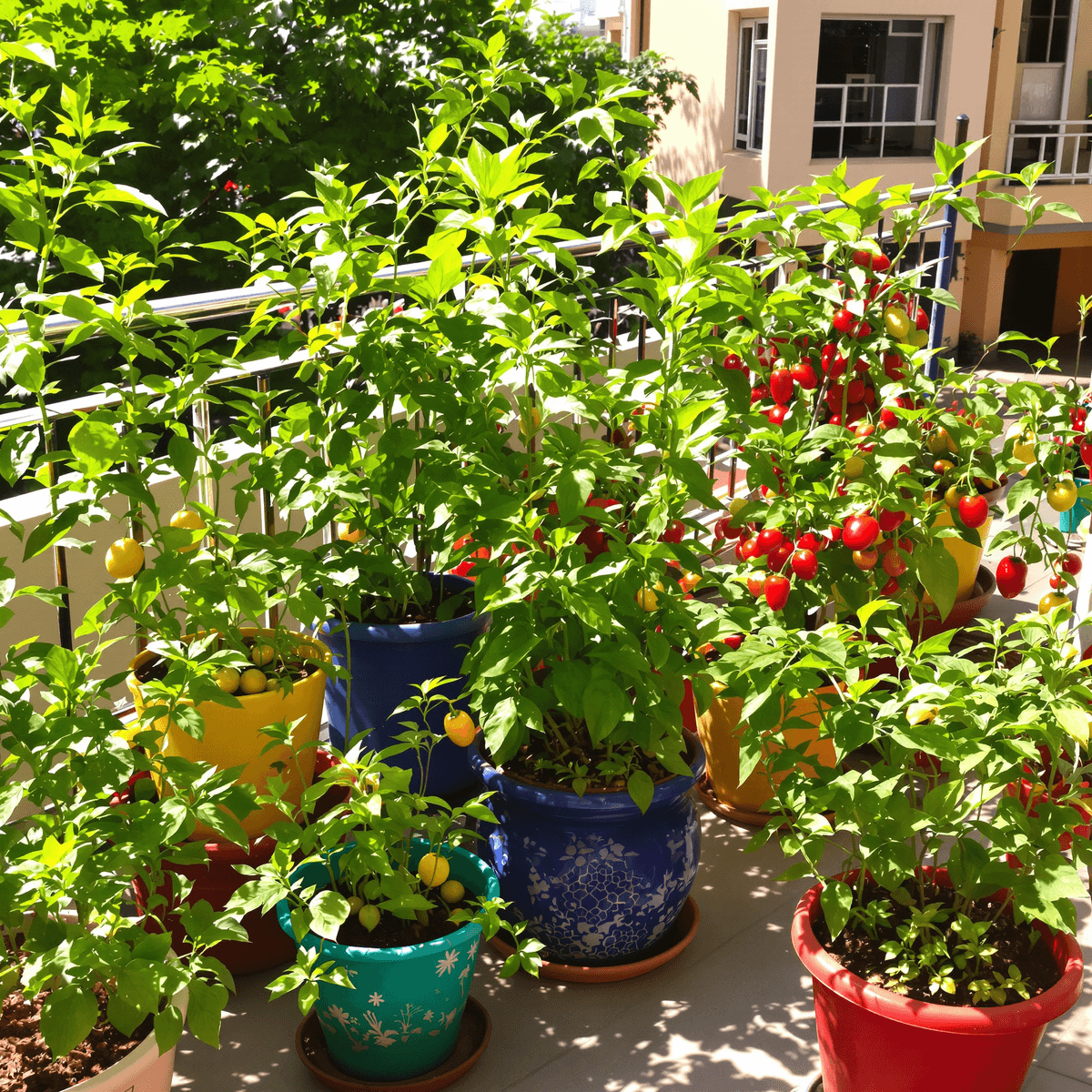 Backyardbotanicals.in एक जीवंत शहरी बालकनी बाग़ में हरे-भरे गमलों में धनिया, नींबू, टमाटर और मिर्च के पौधे हैं, जो गर्म धूप में रंगीन गमलों में रखे गए हैं, जिससे एक आरामदायक और आमंत्रित वातावरण बनता है।