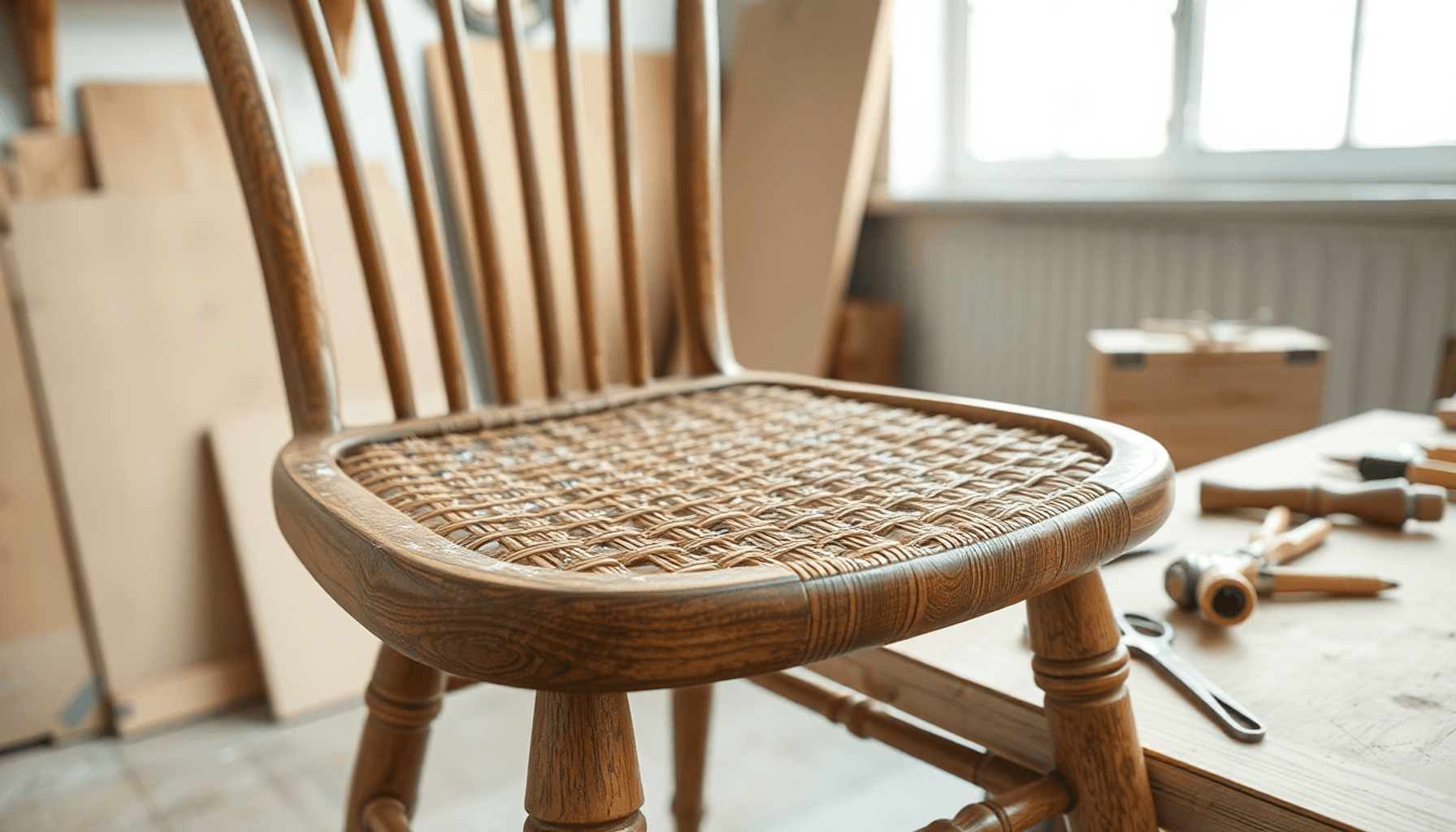 Gros plan d'une chaise en bois vintage avec un siège en osier partiellement restauré