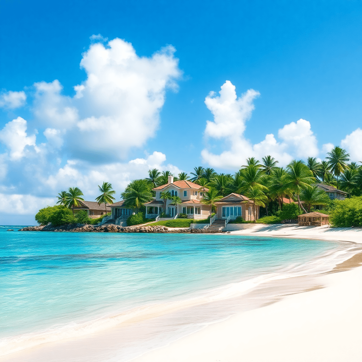 Côte de l'île tropicale avec des eaux turquoise, des plages de sable blanc, des maisons de style caribéen