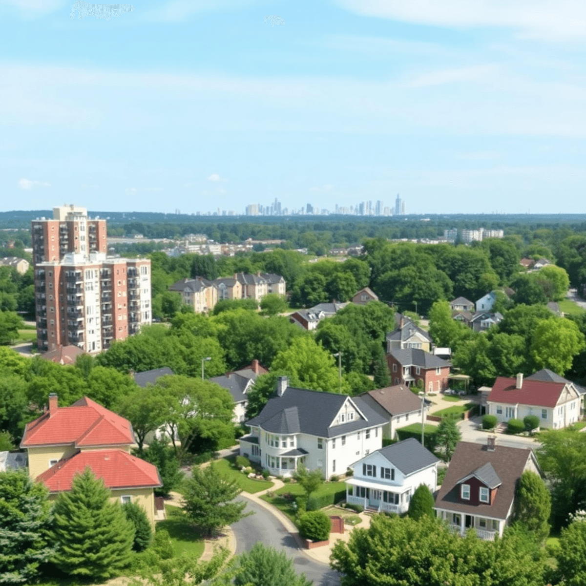 Un quartier résidentiel paisible avec des appartements modernes et des maisons charmantes.