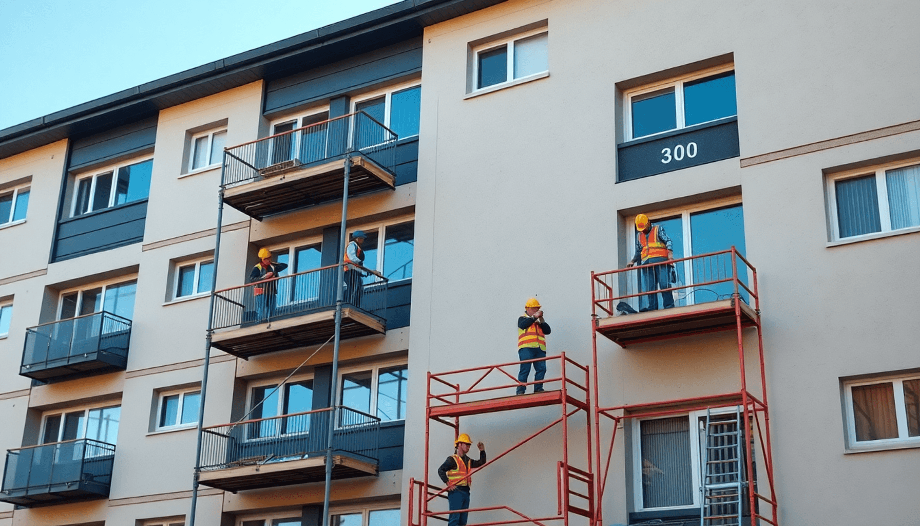 Façade d'appartement moderne en cours de rénovation avec échafaudages et ouvriers en équipement de sécurité