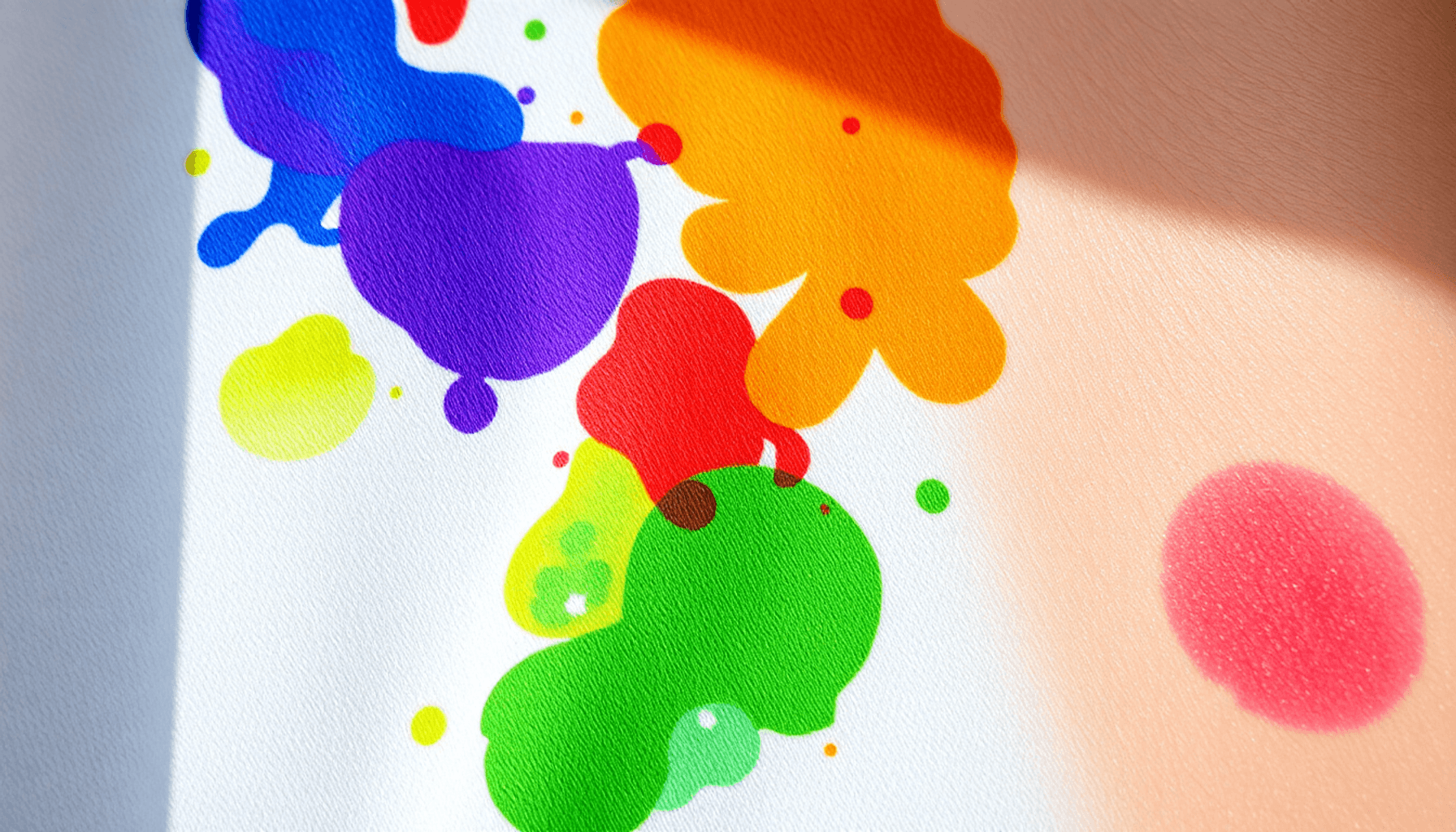 Gros plan de taches de teinture colorées se répandant sur des fibres de tissu en coton