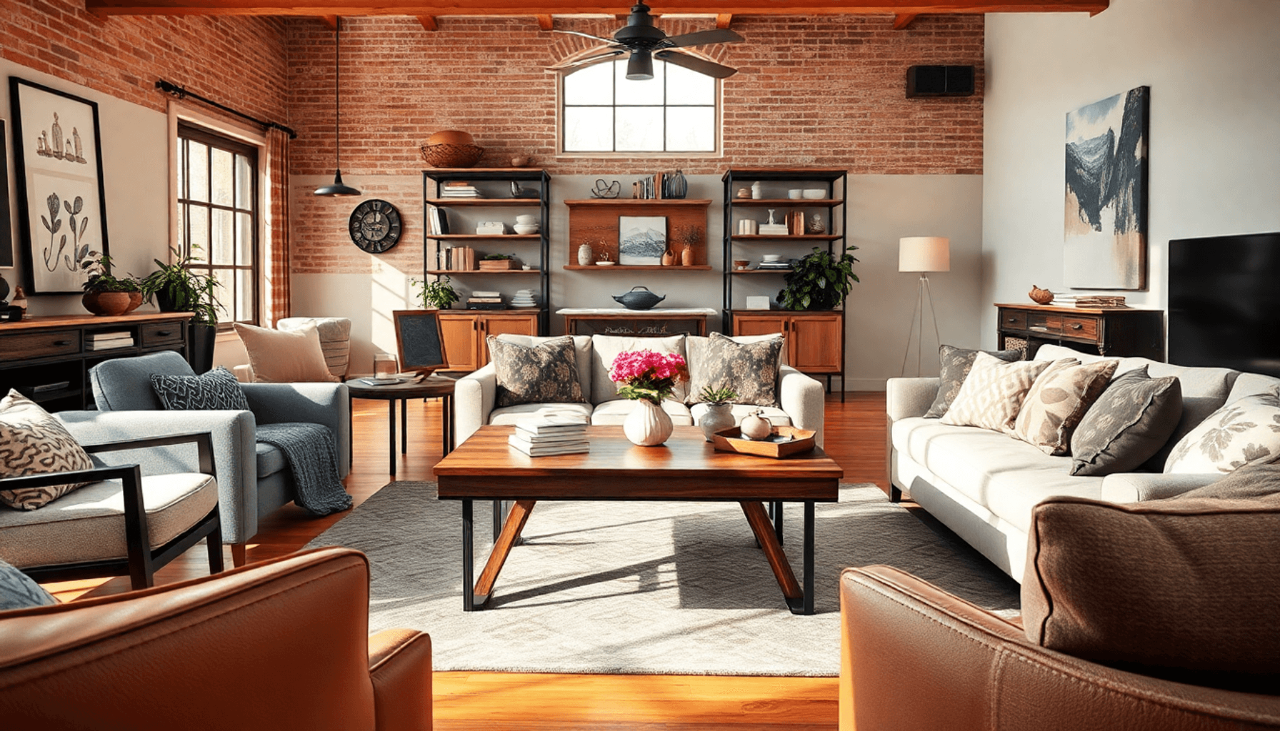 Salon confortable avec une table basse élégante, un canapé, des fauteuils et une belle lumière