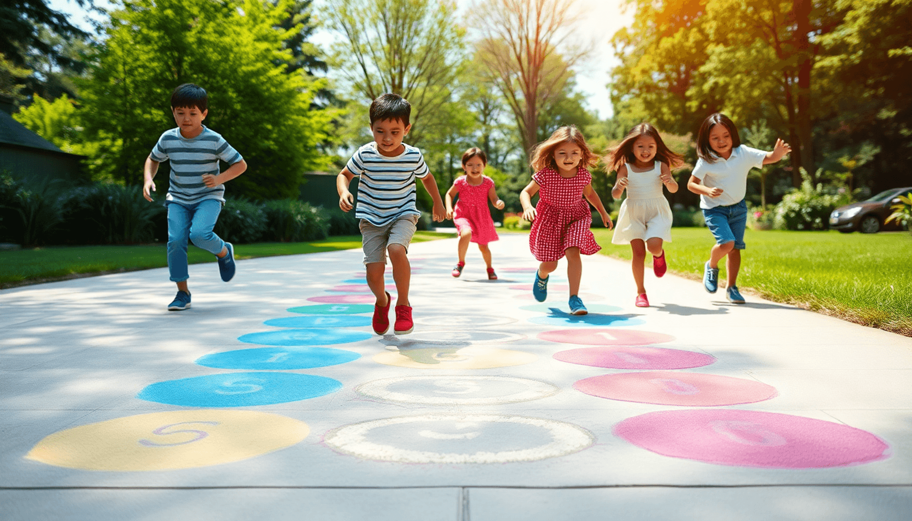 Des enfants jouent à la marelle sur une grille colorée en craie à l'extérieur, entourés d'herbe verte