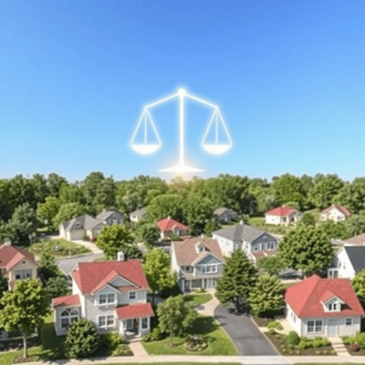Un quartier résidentiel ensoleillé avec des maisons diverses, des arbres verts, des jardins et des balances