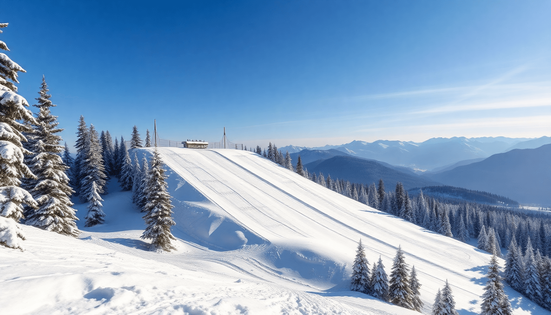 Colline de saut à ski recouverte de neige dans un paysage montagneux hivernal avec de grands pins