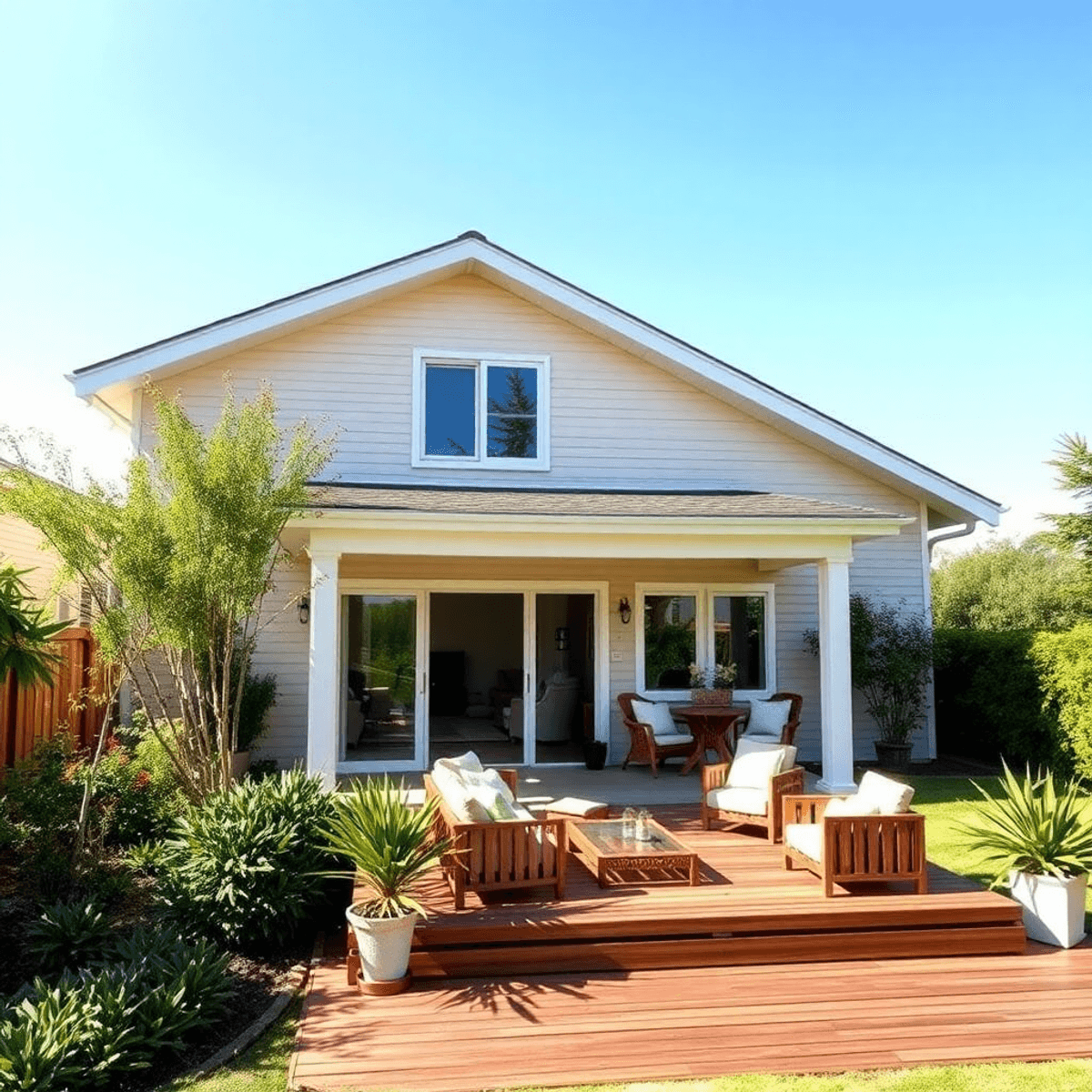 Maison moderne avec un extérieur, jardin luxuriant, terrasse en bois, mobilier de jardin confortable