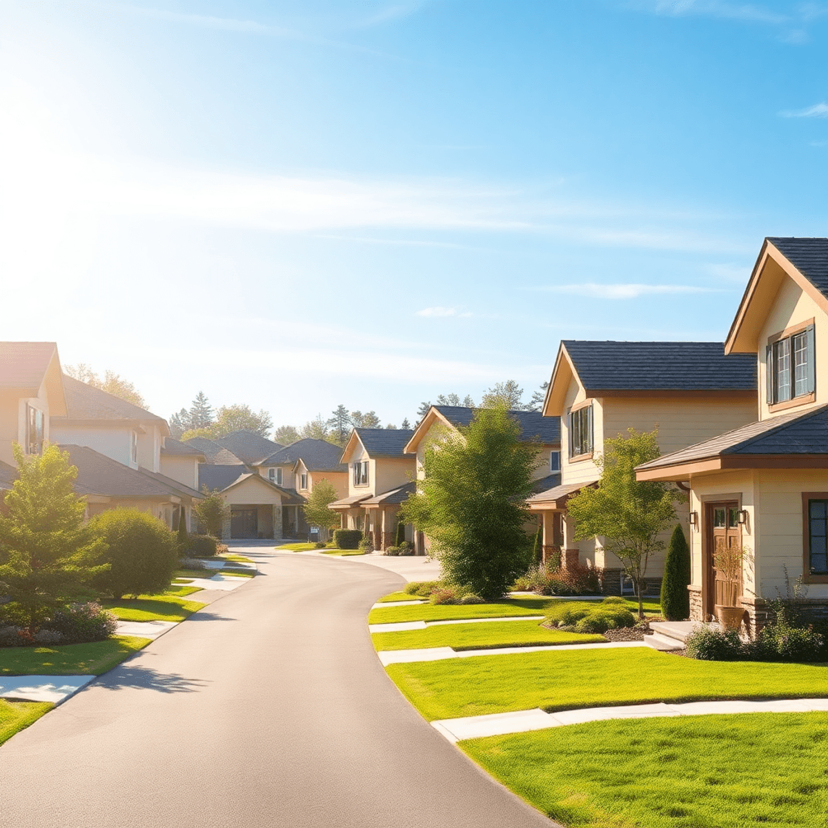 Maisons suburbaines modernes entourées de pelouses verdoyantes sous un ciel bleu clair avec une lumière dou...