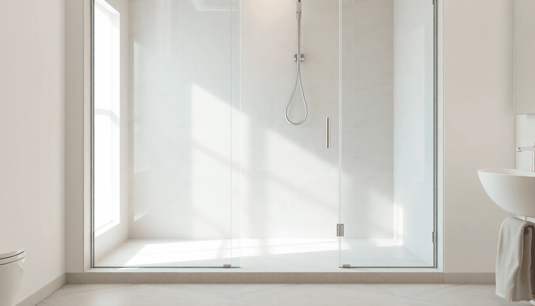 Douche à l'italienne minimaliste avec panneaux en verre transparent, bac de douche en pierre