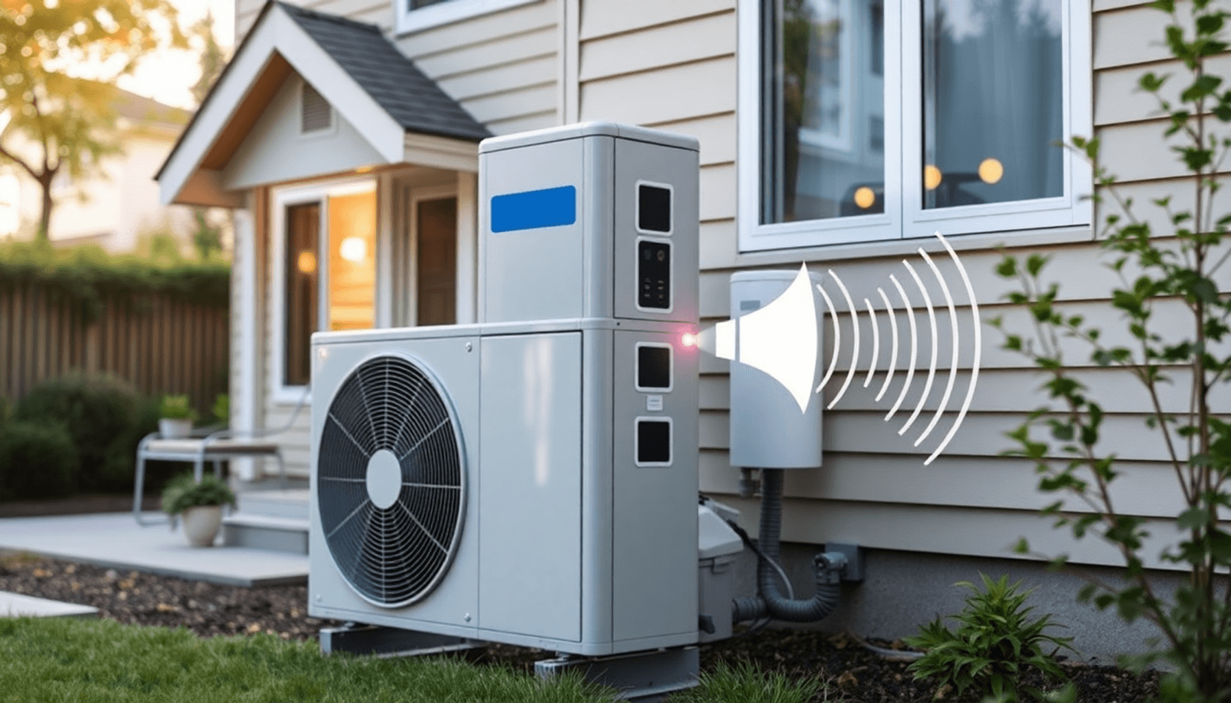 Pompe à chaleur moderne extérieure près d'une maison  avec ondes sonores subtiles