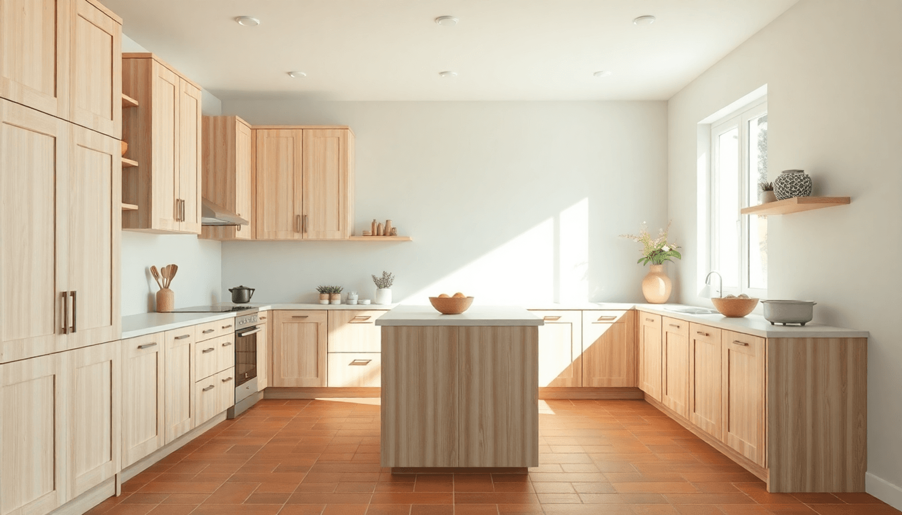 Cuisine moderne ensoleillée avec des armoires en bois clair, des carreaux de sol en terre cuite