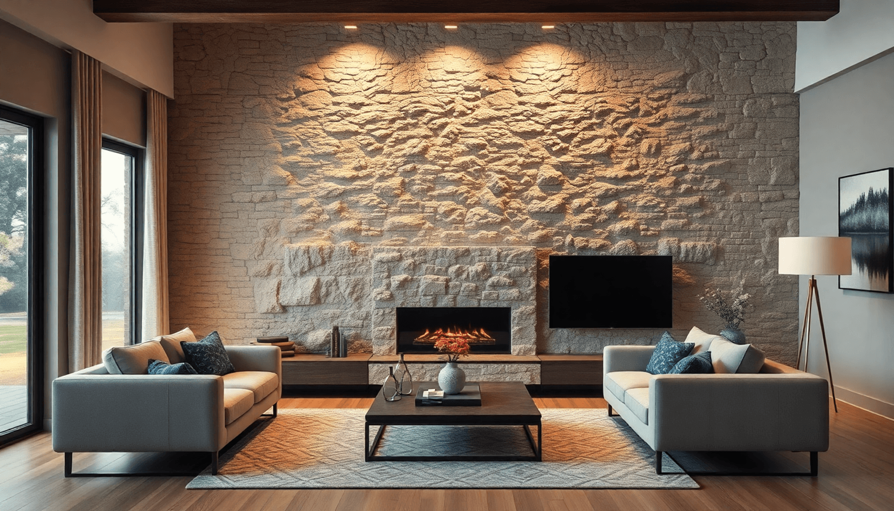 Salon moderne et confortable avec un mur accent en pierre naturelle, un éclairage chaleureux