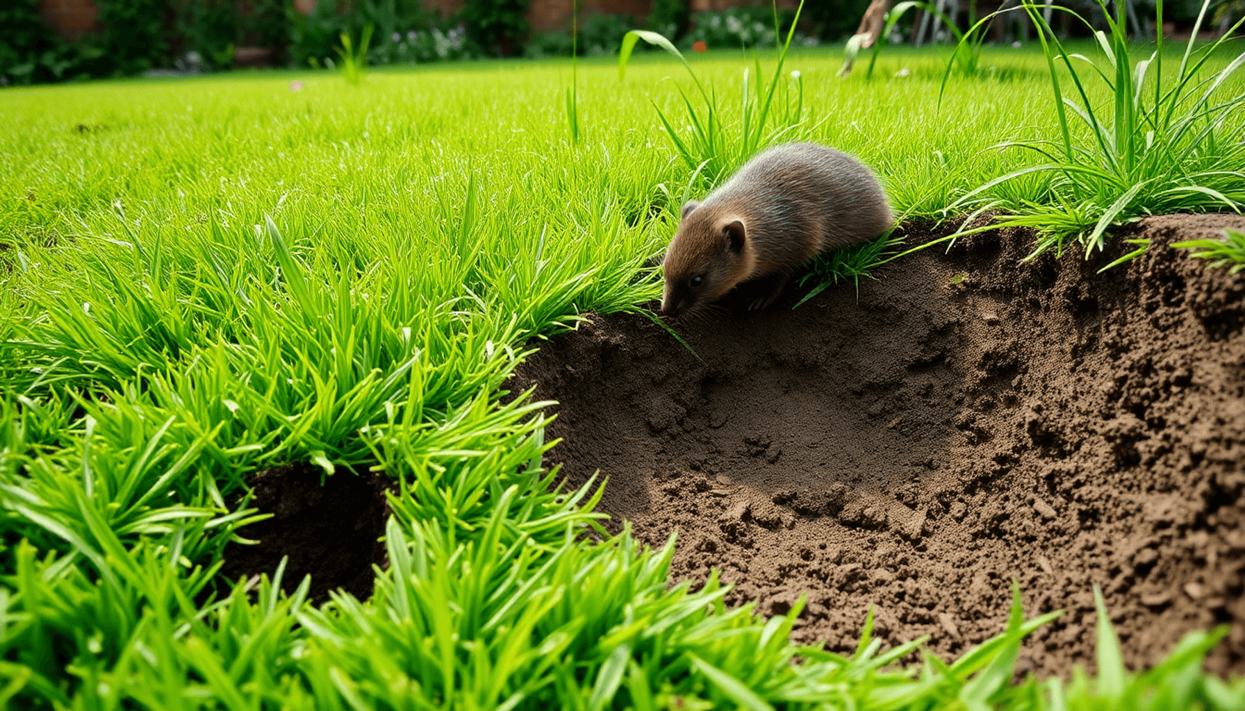 Gros plan d'une pelouse de jardin montrant de petites mottes de terre, des tunnels souterrains
