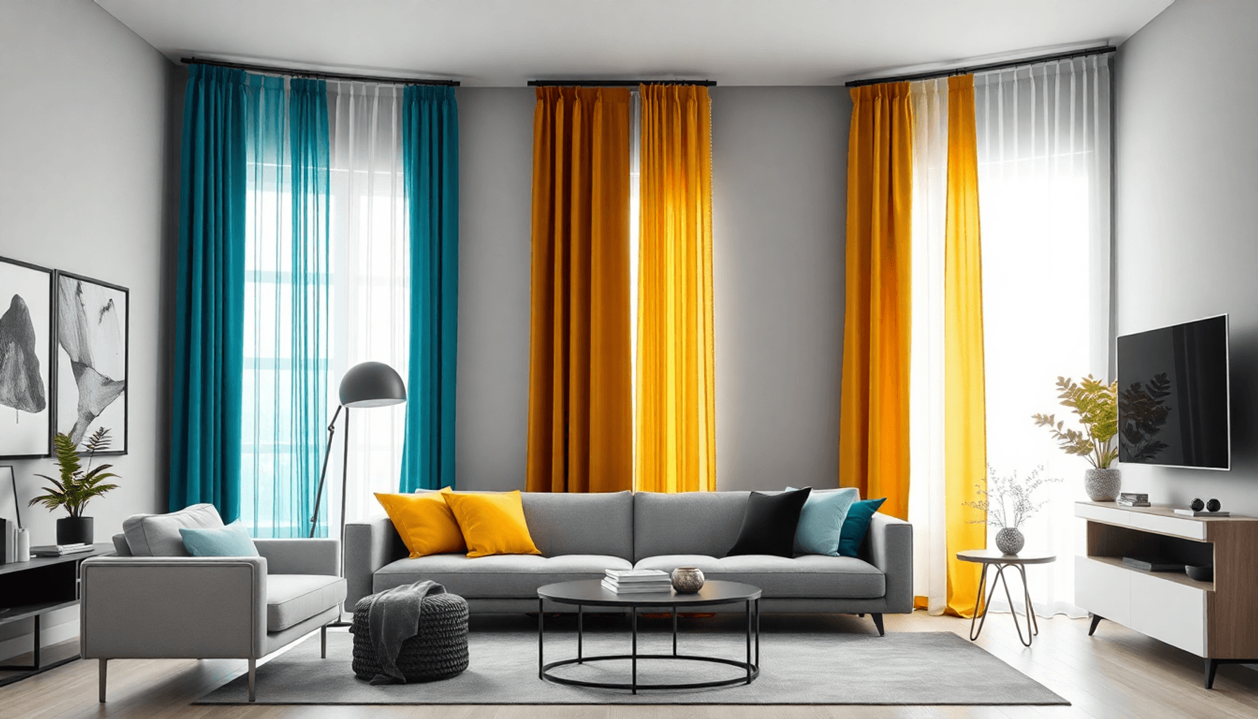 Salon moderne avec des murs gris doux, des rideaux colorés en teal, moutarde, blanc