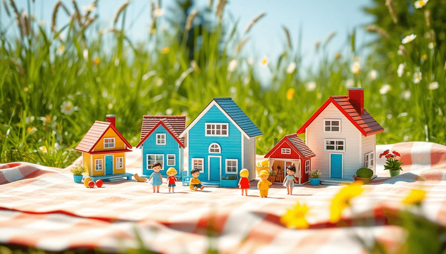 Des maisons de poupées miniatures colorées et de petites poupées sur une couverture de pique-nique