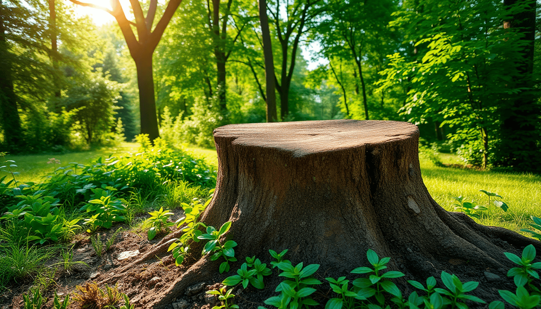Un jardin paisible avec une souche d'arbre fraîche entourée de plantes vertes