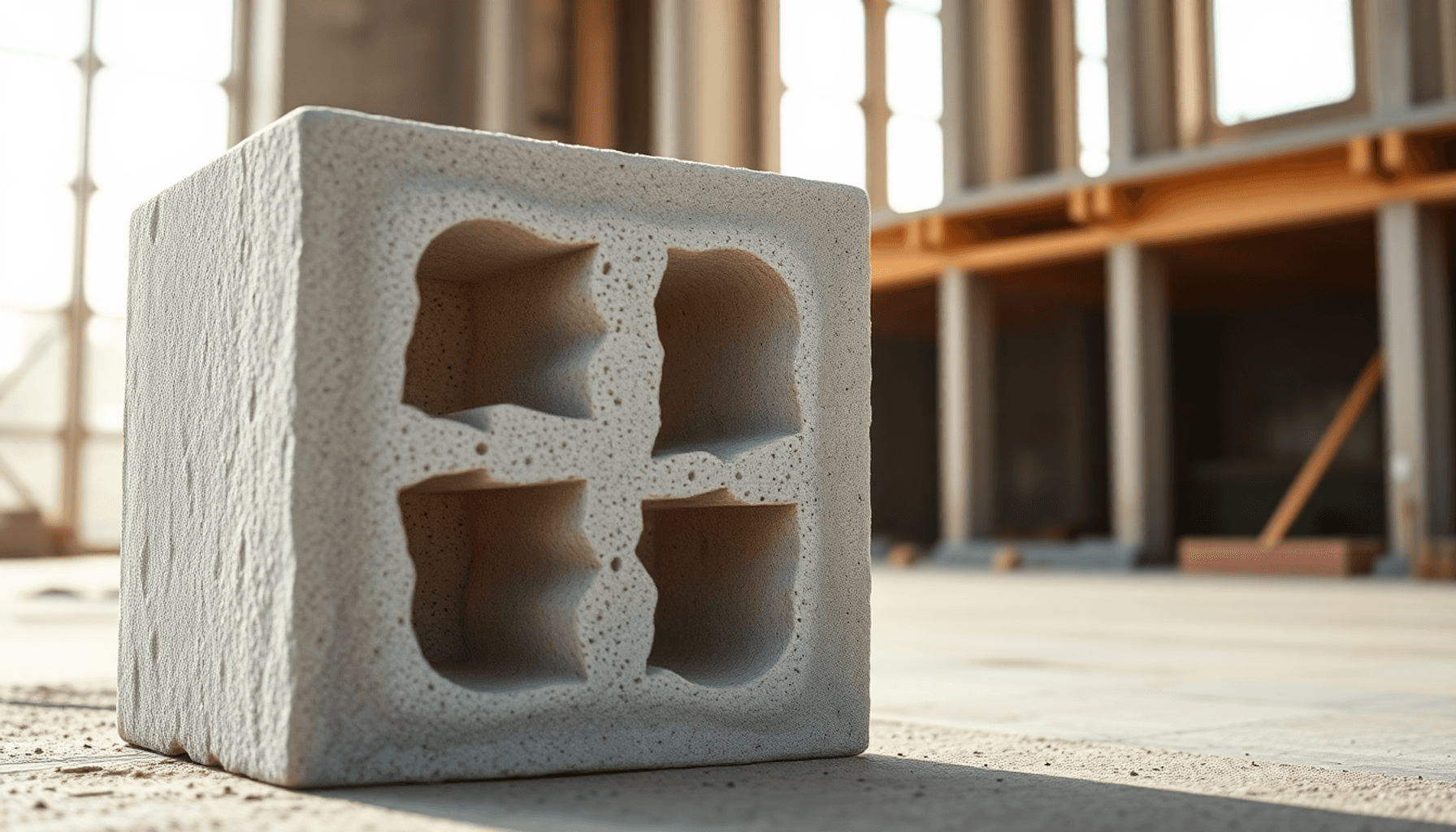 Gros plan sur un bloc de béton léger et poreux avec des cellules d'air visibles