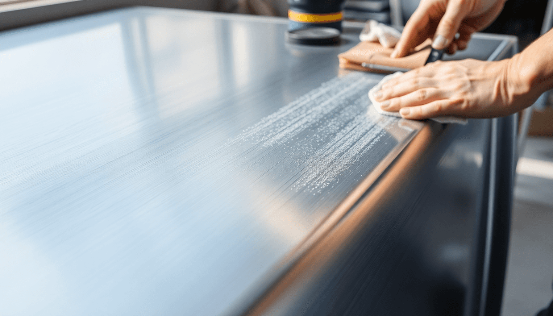 Gros plan d'une surface en aluminium lisse préparée pour la peinture avec du papier de verre