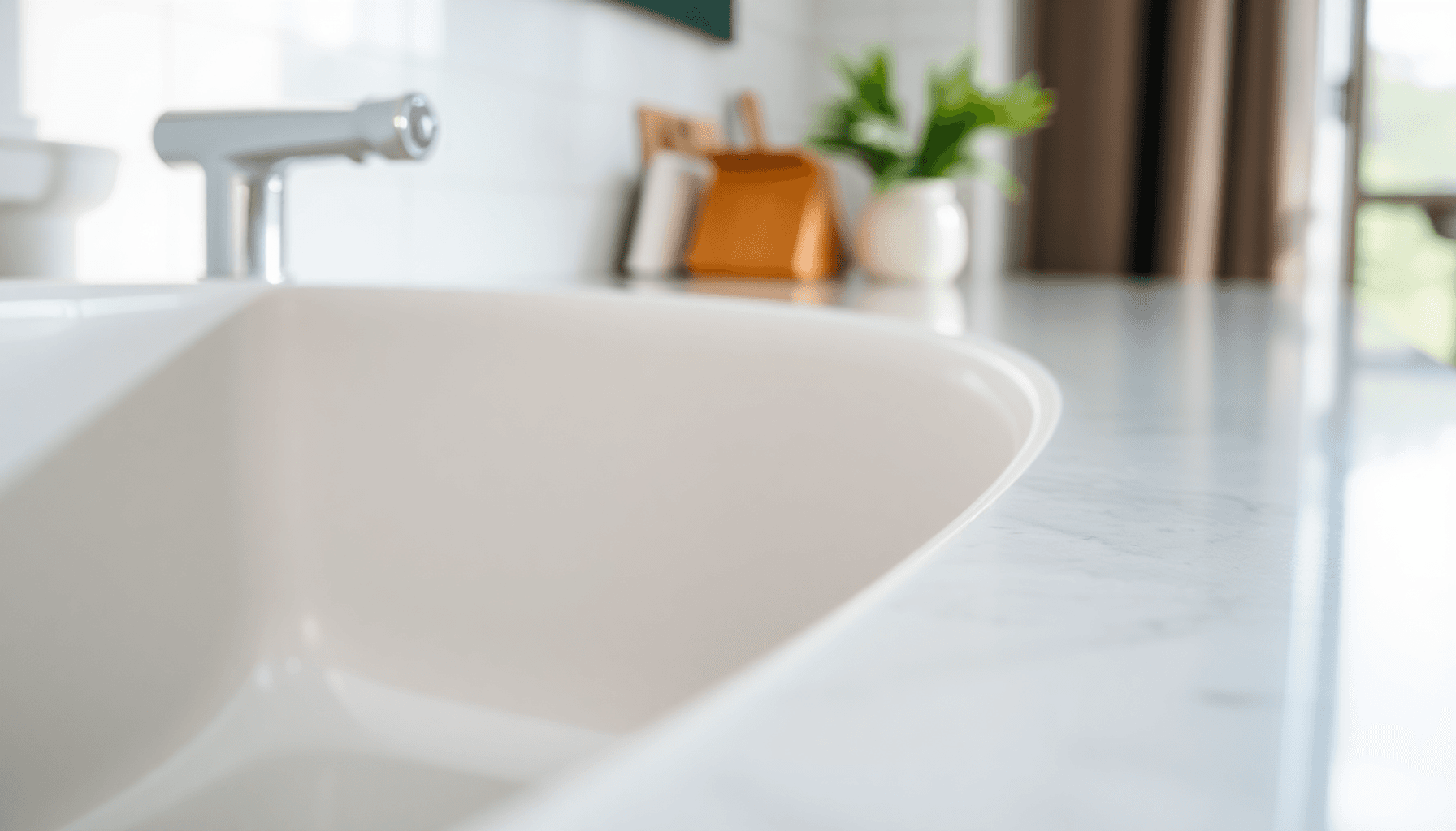 Gros plan sur des joints en silicone  autour d'un évier et d'un plan de travail