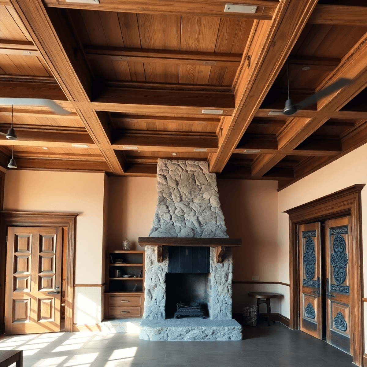 Intérieur historique confortable avec des poutres en bois apparentes, une cheminée en pierre, des moulures