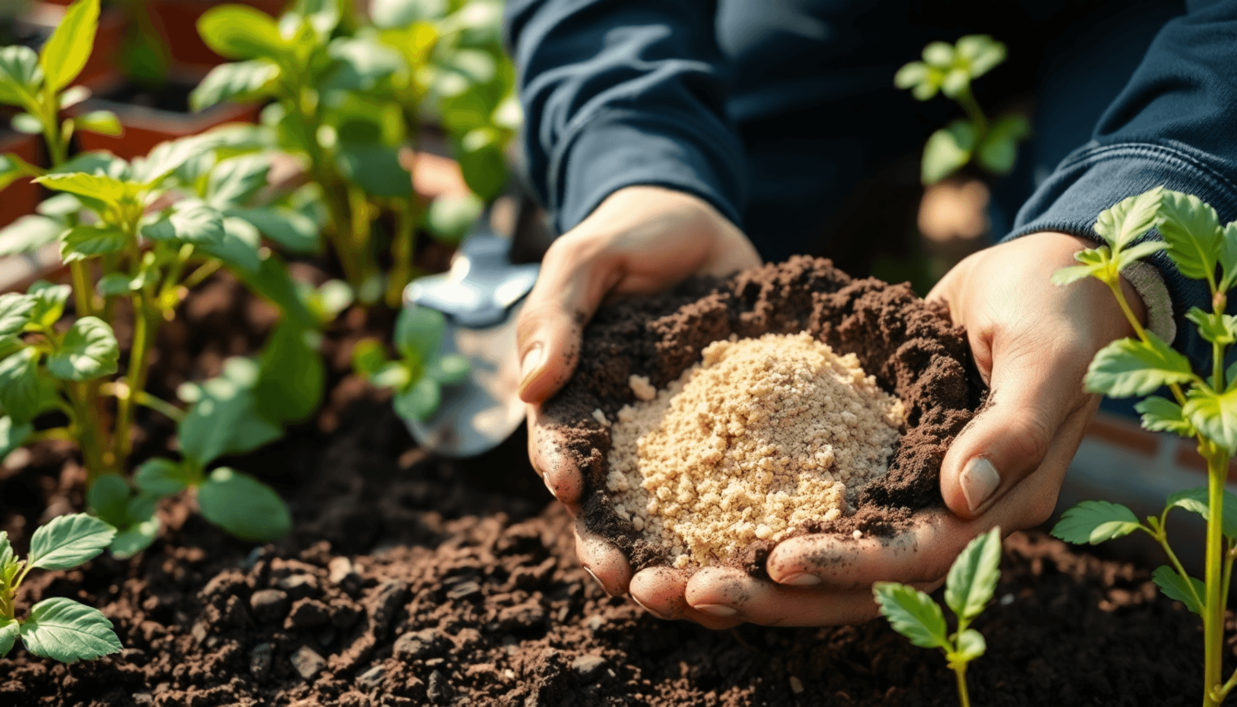 Des mains tenant un mélange de terre de jardin sombre et de terreau léger