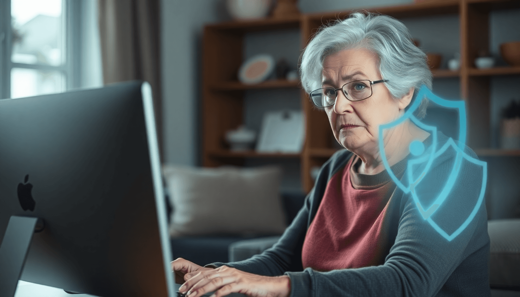 Femme âgée assise à un ordinateur avec un symbole de bouclier numérique lumineux à proximité