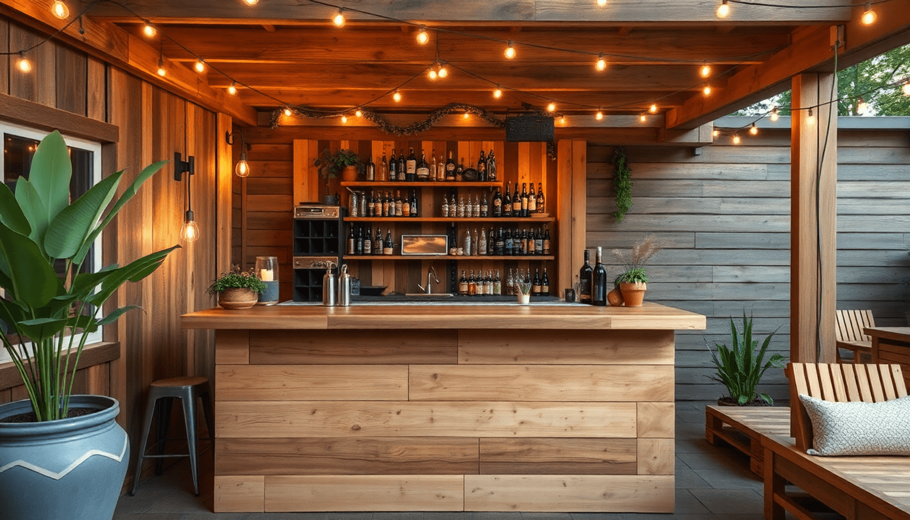 Bar confortable en bois de palettes recyclées avec un éclairage chaleureux et des plantes
