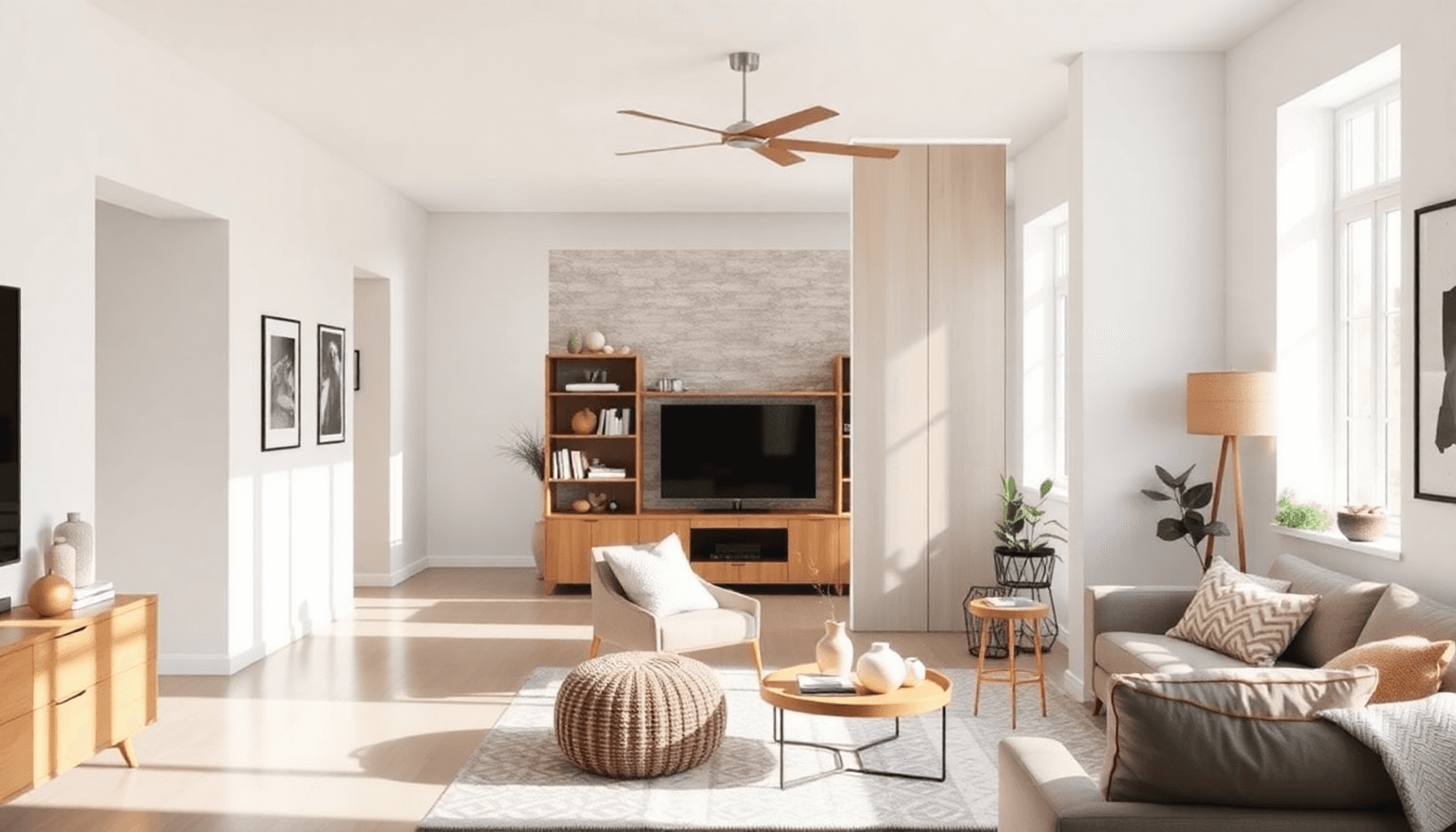 Salon moderne et lumineux avec un paravent déplaçable élégant dans des tons neutres