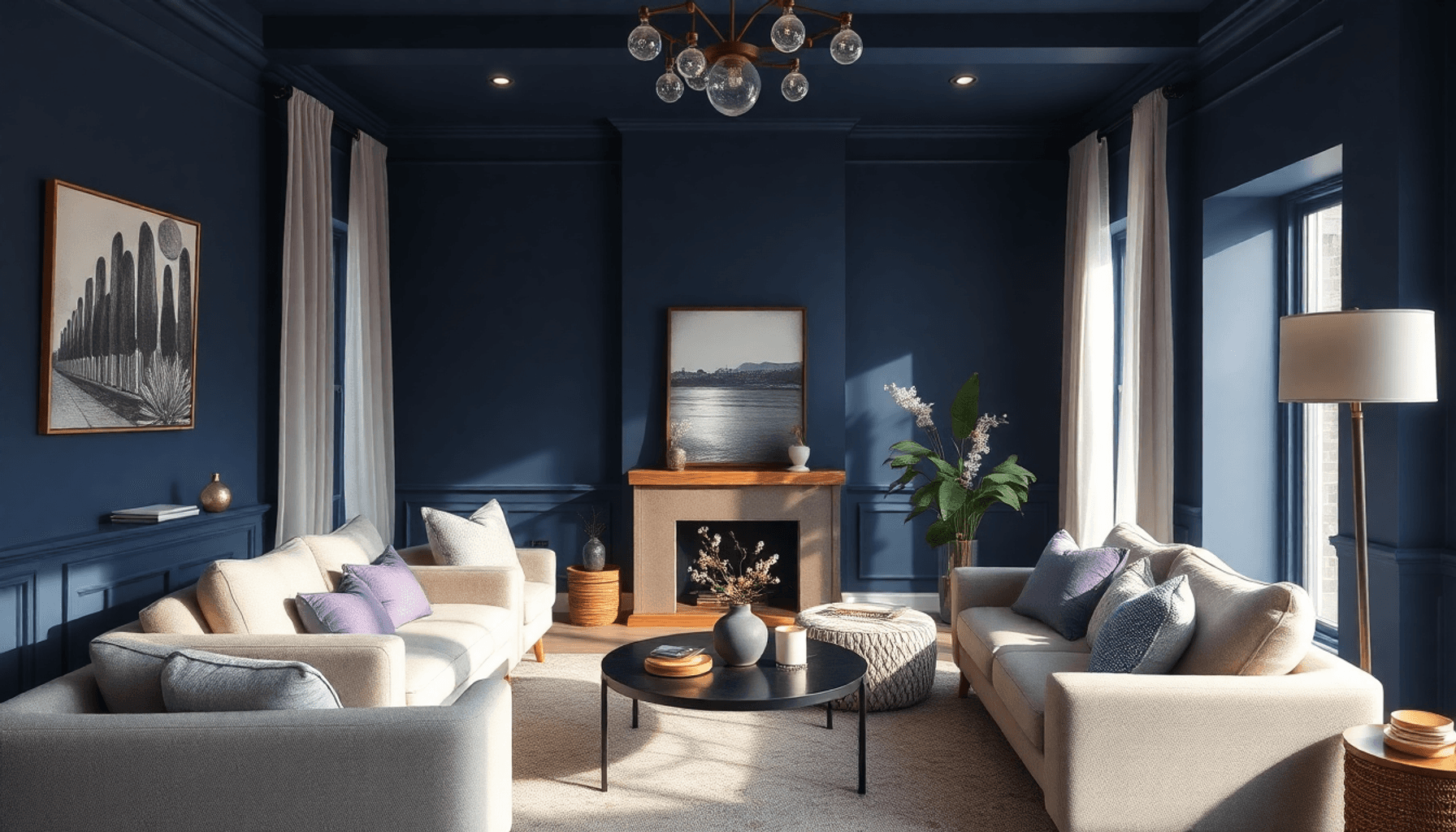 Salon confortable avec des murs indigo profond, des rideaux légers, des meubles modernes