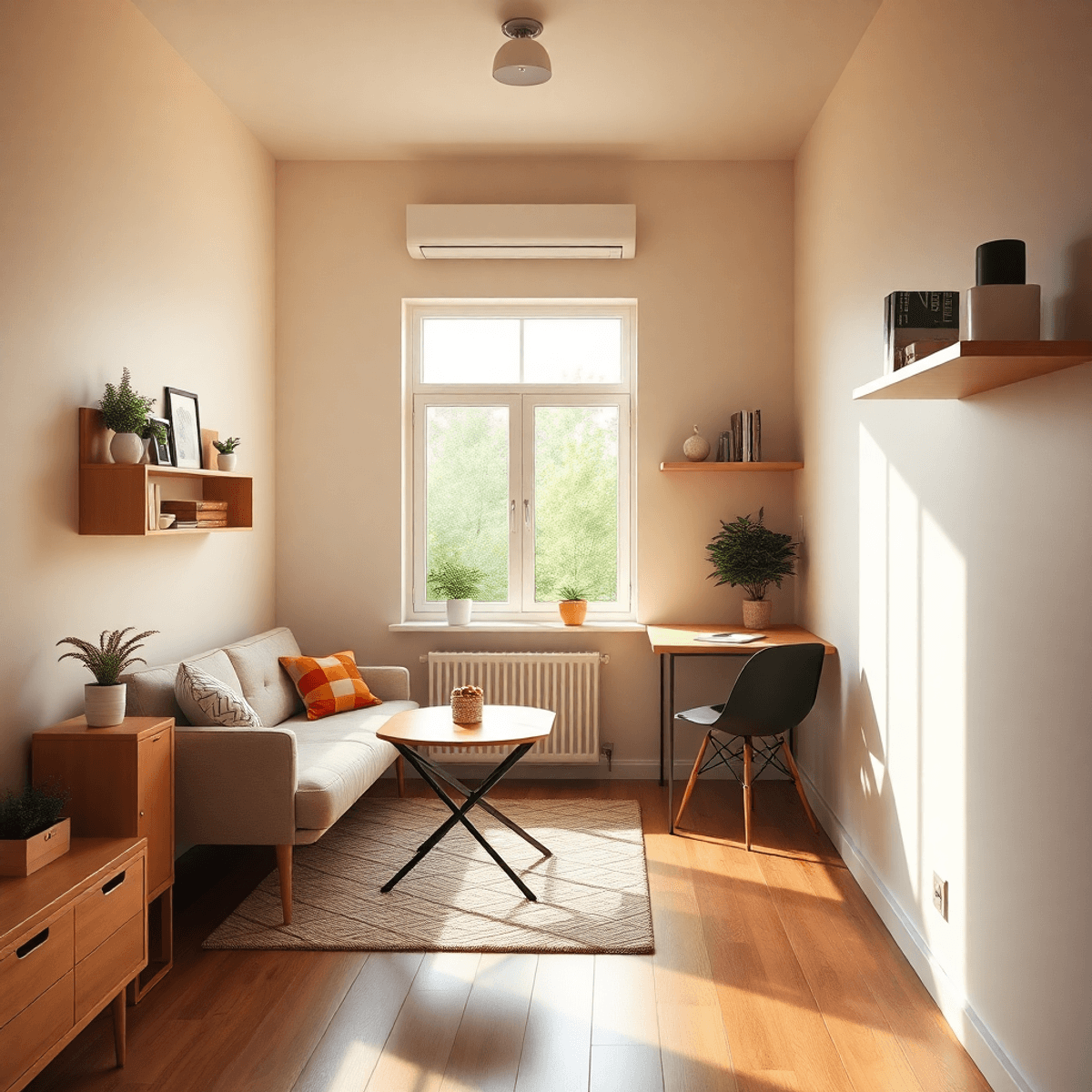 Appartement cosy et petit avec des tables pliantes, des étagères murales, une lumière naturelle chaude et u...
