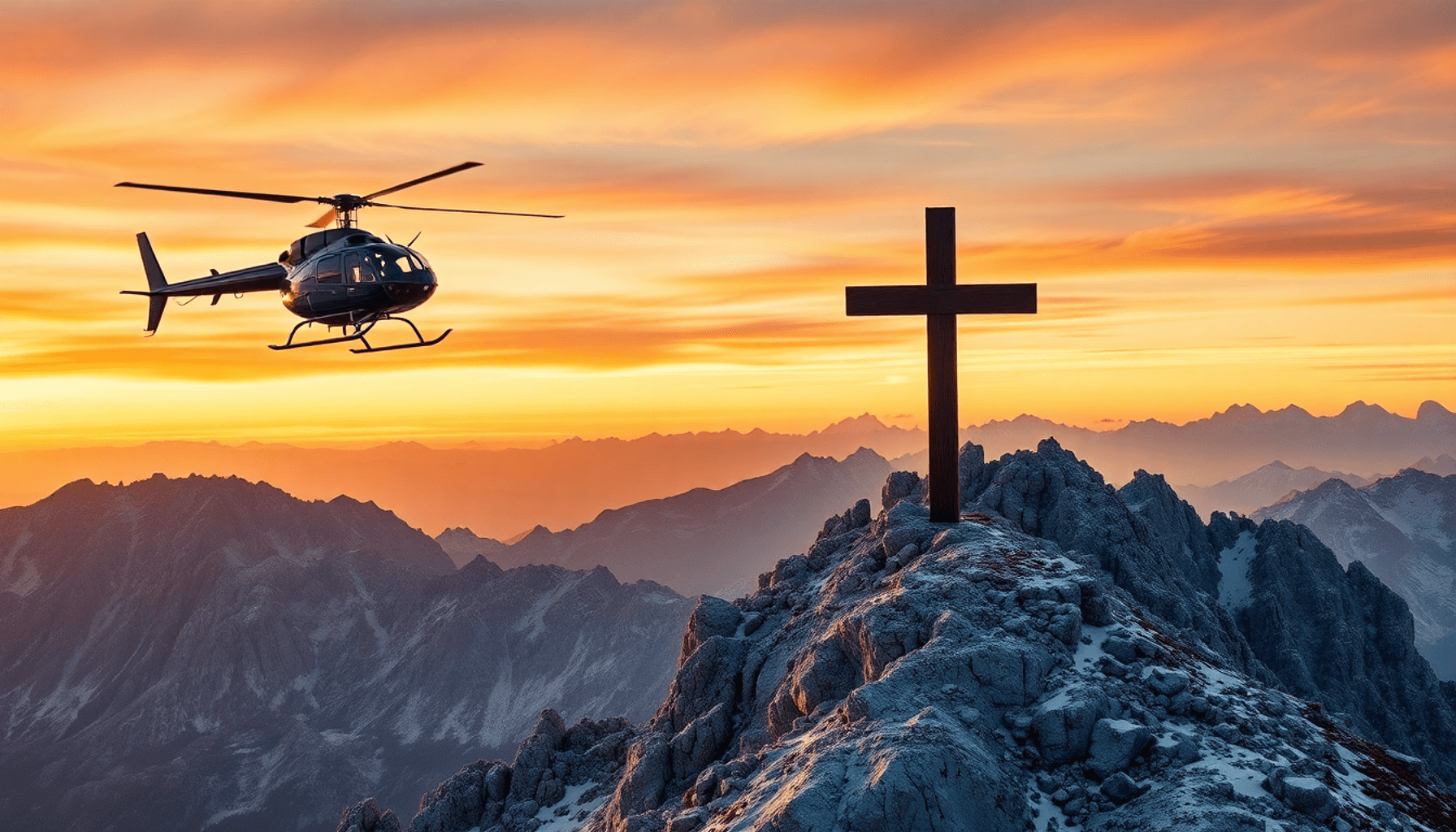Un hélicoptère soulève une grande croix en bois sur un sommet alpin escarpé au lever du soleil