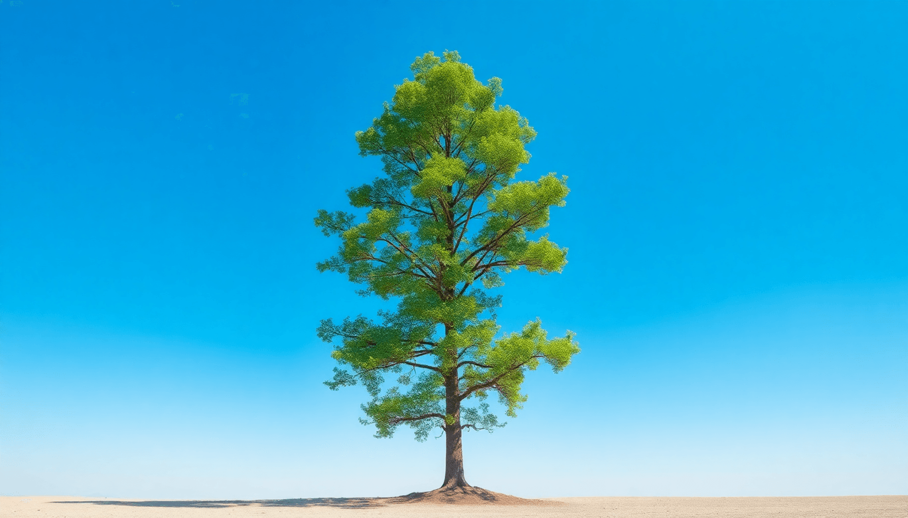 Un grand arbre sain sur un terrain plat avec un ciel bleu, symbolisant la nature