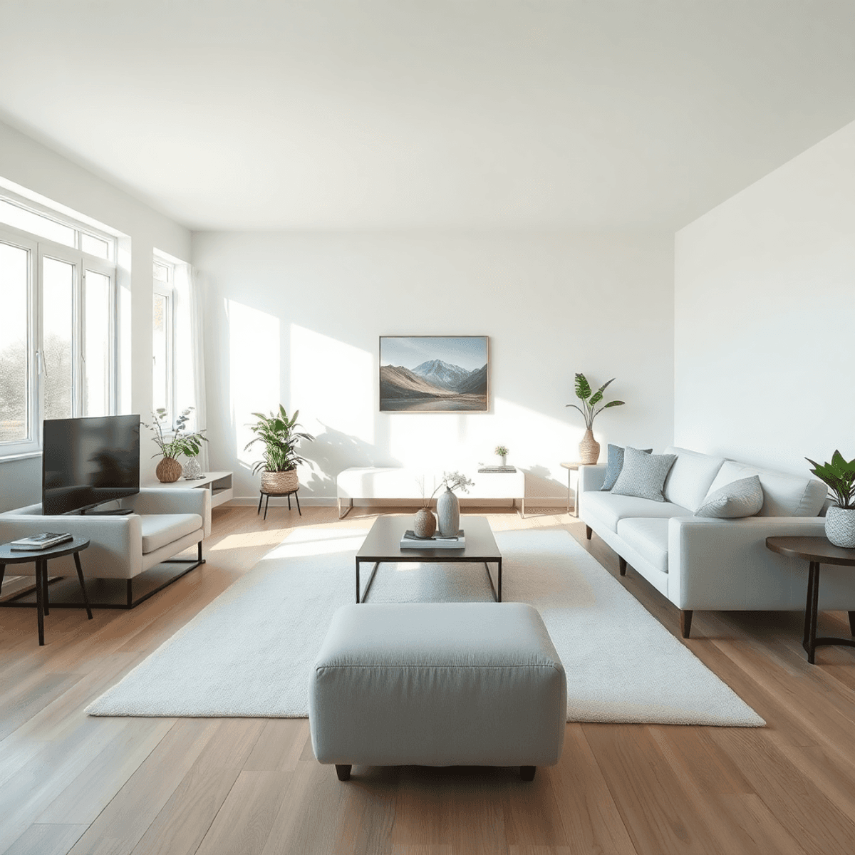 Salon lumineux et moderne avec des meubles minimalistes, de grandes fenêtres et une douce lumière naturelle