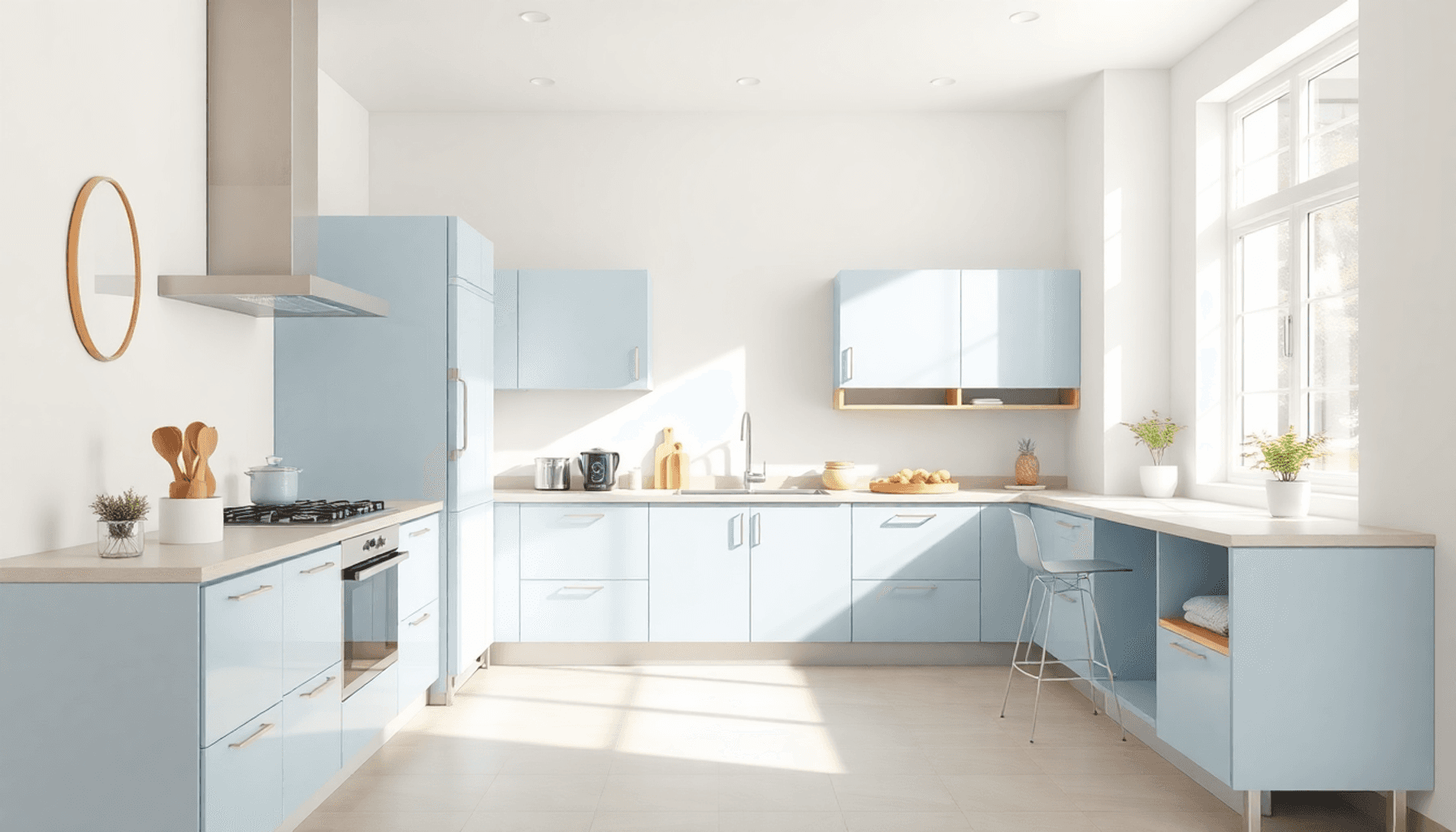 Cuisine lumineuse avec des tons bleu pastel et beige, mobilier élégant, rangement intelligent