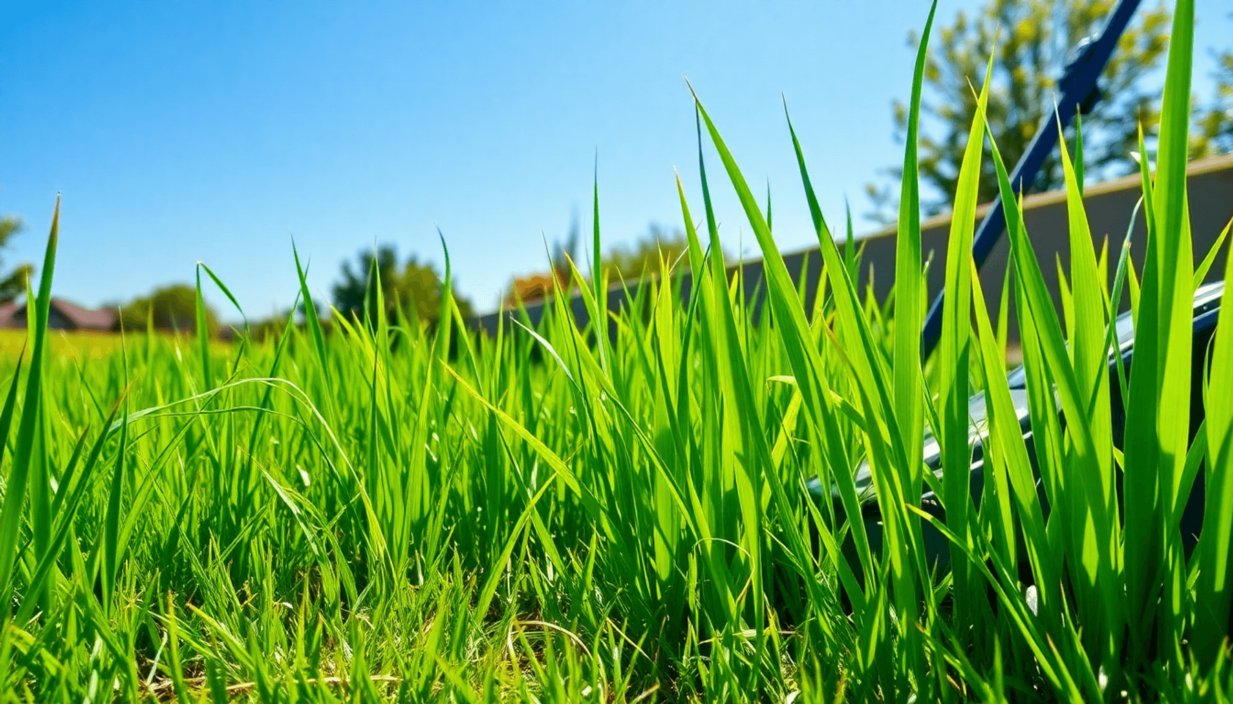 Une pelouse verdoyante avec de l'herbe haute à côté d'une tondeuse à gazon moderne