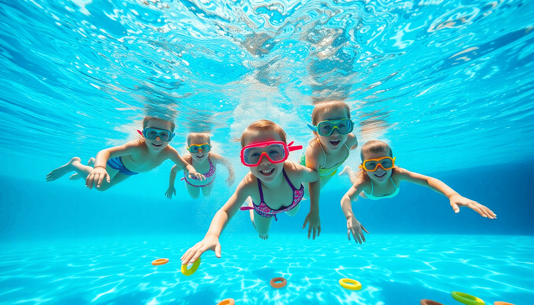 Enfants en maillots de bain colorés faisant de la plongée avec tuba et du snorkeling